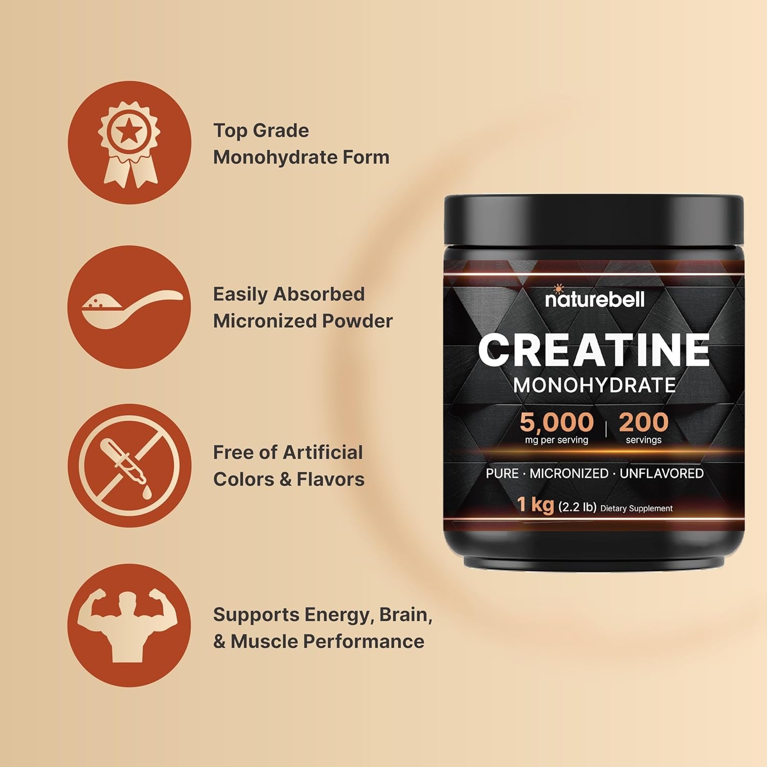Creatine Monohydrate Powder 1,000G, 5,000Mg per Serving, 200 Servings (2.2 Lb) | Micronized, Pure & Unflavored | Pre-Workout Muscle Support* | Keto, Vegan, Filler-Free