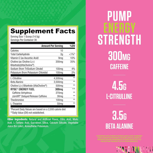 RYSE Loaded Pre Workout Powder - Sour Punch Watermelon - Daily Pre-Workout for Men & Women with 300Mg Caffeine, Beta Alanine, and Citrulline for Pump, Focus, and Energy - 30 Servings