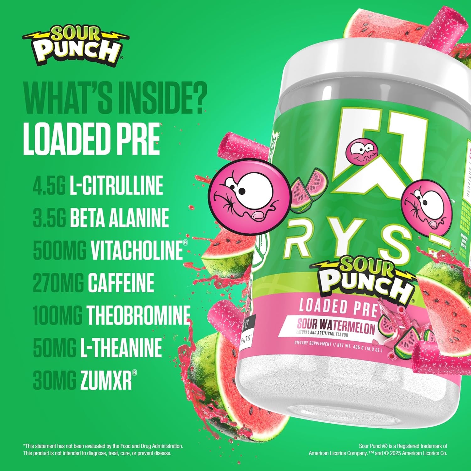 RYSE Loaded Pre Workout Powder - Sour Punch Watermelon - Daily Pre-Workout for Men & Women with 300Mg Caffeine, Beta Alanine, and Citrulline for Pump, Focus, and Energy - 30 Servings