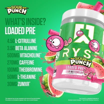 RYSE Loaded Pre Workout Powder - Sour Punch Watermelon - Daily Pre-Workout for Men & Women with 300Mg Caffeine, Beta Alanine, and Citrulline for Pump, Focus, and Energy - 30 Servings