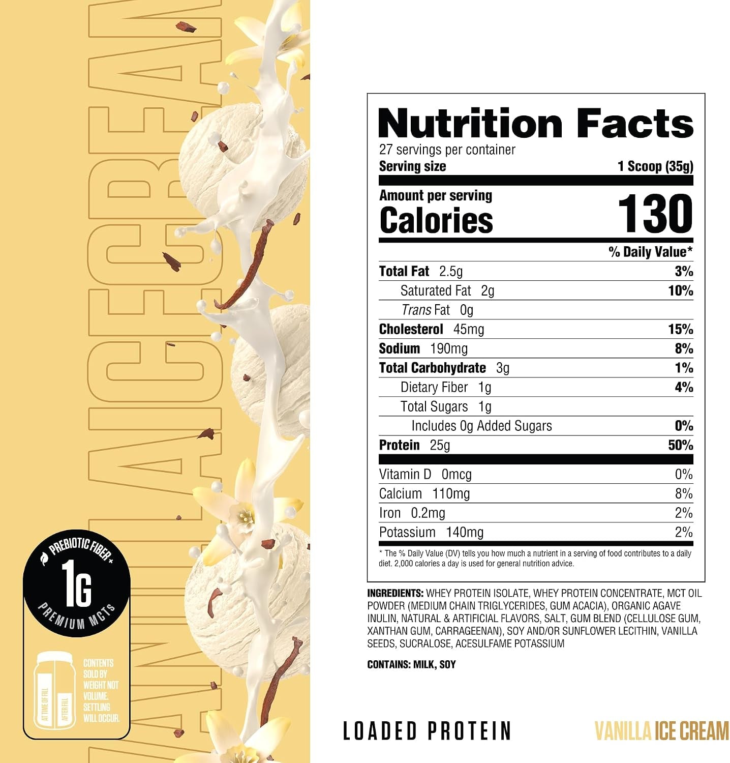 RYSE Loaded Protein Powder - Vanilla Ice Cream - 25G Whey Protein Isolate & Concentrate with Prebiotic Fiber & Mcts - Low Carb, Low Sugar, Digestive-Friendly - 27 Servings / 2 Lb Tub