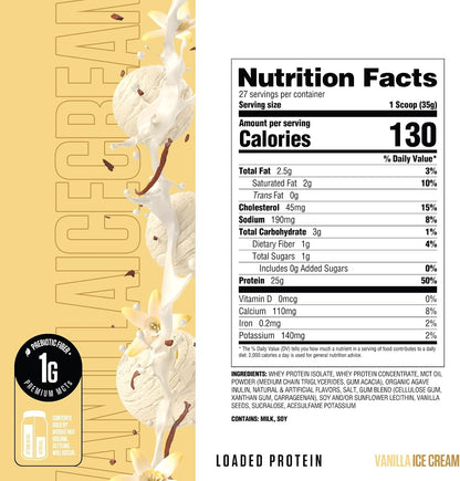 RYSE Loaded Protein Powder - Vanilla Ice Cream - 25G Whey Protein Isolate & Concentrate with Prebiotic Fiber & Mcts - Low Carb, Low Sugar, Digestive-Friendly - 27 Servings / 2 Lb Tub