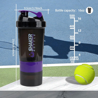 Shaker Bottle - Protein Shaker Cup with Storage Compartments - Leak-Proof Workout Shake Bottles with Mixer for Smooth Mixing-500Ml/16Oz (PURPLE & BLACK)