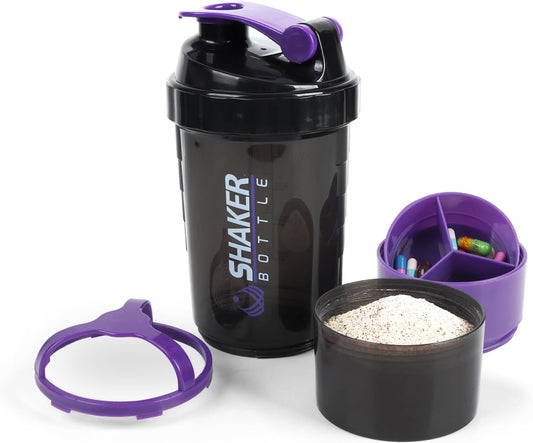 Shaker Bottle - Protein Shaker Cup with Storage Compartments - Leak-Proof Workout Shake Bottles with Mixer for Smooth Mixing-500Ml/16Oz (PURPLE & BLACK)
