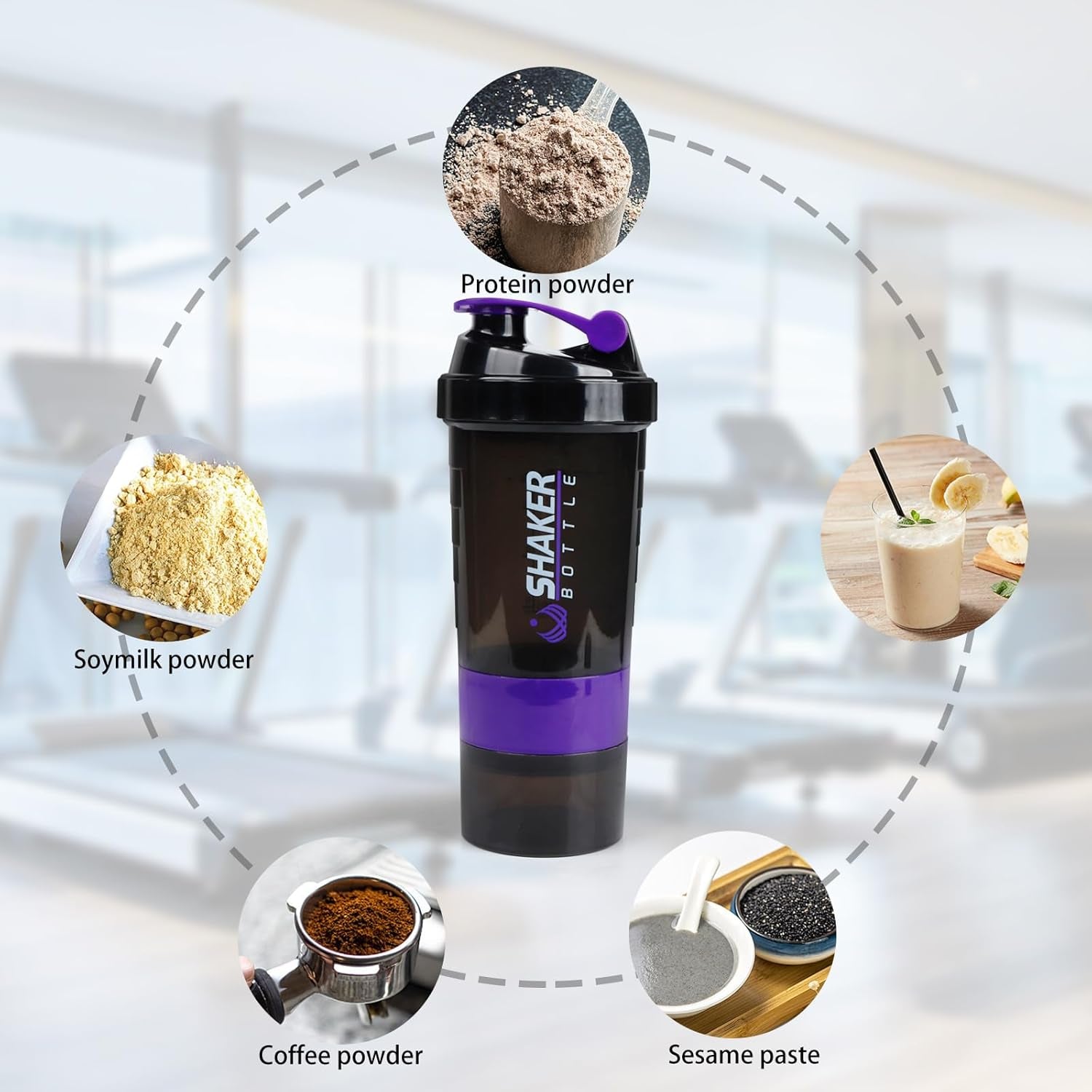 Shaker Bottle - Protein Shaker Cup with Storage Compartments - Leak-Proof Workout Shake Bottles with Mixer for Smooth Mixing-500Ml/16Oz (PURPLE & BLACK)