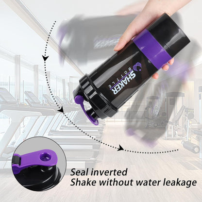 Shaker Bottle - Protein Shaker Cup with Storage Compartments - Leak-Proof Workout Shake Bottles with Mixer for Smooth Mixing-500Ml/16Oz (PURPLE & BLACK)
