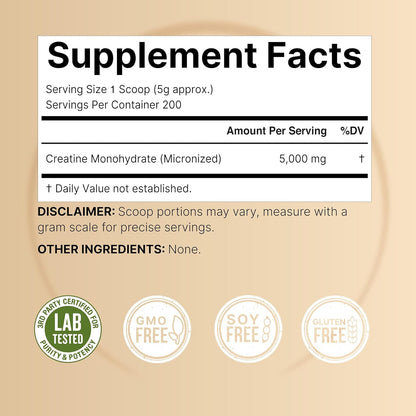 Creatine Monohydrate Powder 1,000G, 5,000Mg per Serving, 200 Servings (2.2 Lb) | Micronized, Pure & Unflavored | Pre-Workout Muscle Support* | Keto, Vegan, Filler-Free
