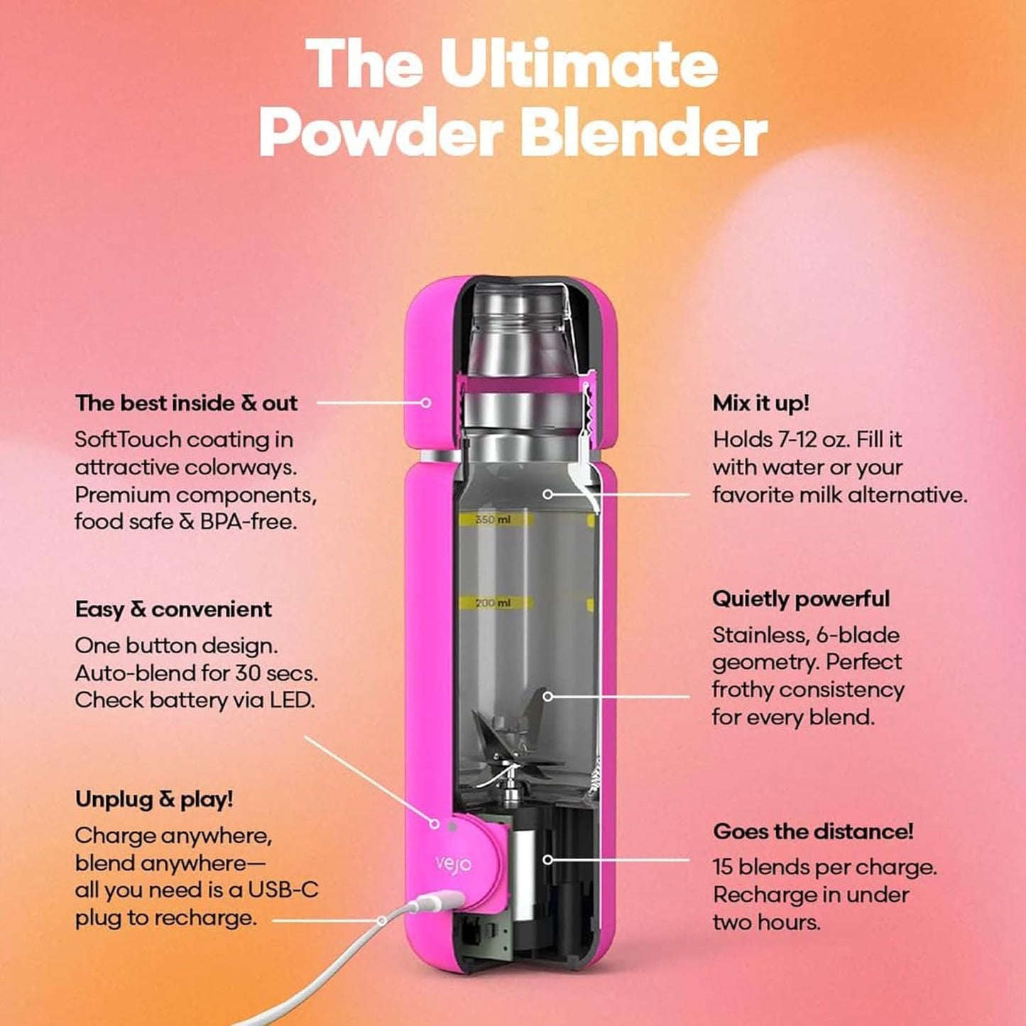 12 Oz Electric Protein Shaker Bottle - USB Rechargeable Powder Mixer for Smooth Protein Shakes, Pre-Workout, and Creatine | Clump-Free Mixing with 6-Blade Technology | BPA-Free | Compact Travel Size for Gym | Red